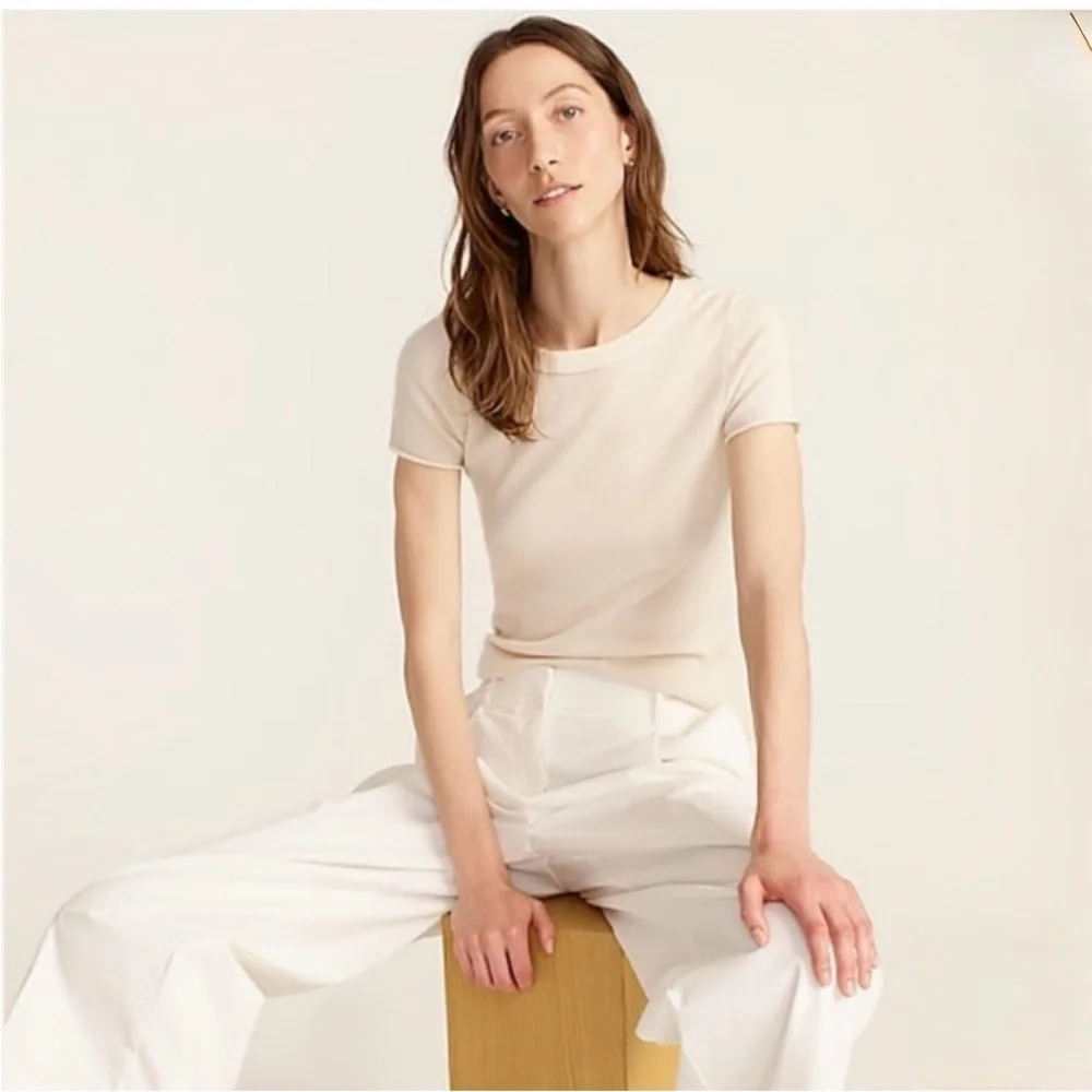 J Crew Cashmere Cream Rolled Hem Crewneck Relaxed Tee Shirt Size Large - Picture 1 of 5